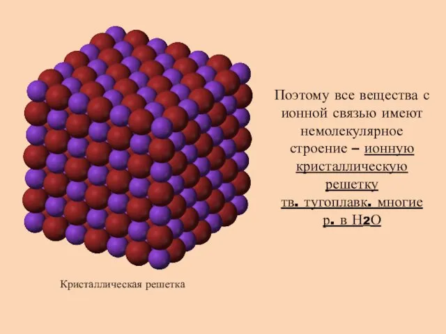 Поэтому все вещества с ионной связью имеют немолекулярное строение – ионную кристаллическую