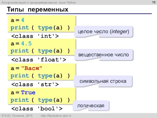 Типы переменных a = 4 print ( type(a) ) целое число (integer)