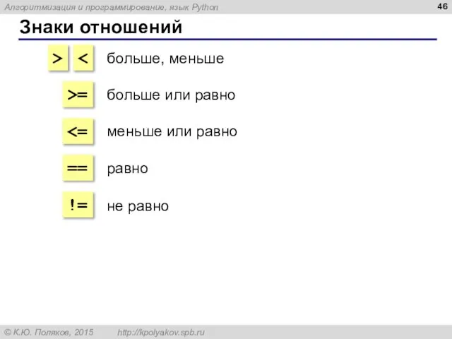 Знаки отношений > >= == != больше, меньше больше или равно меньше