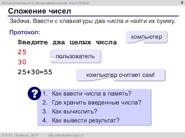 Сложение чисел Задача. Ввести с клавиатуры два числа и найти их сумму.