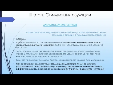 III этап. Стимуляция овуляции медикаментозная в качестве примера приводится две наиболее распространенные