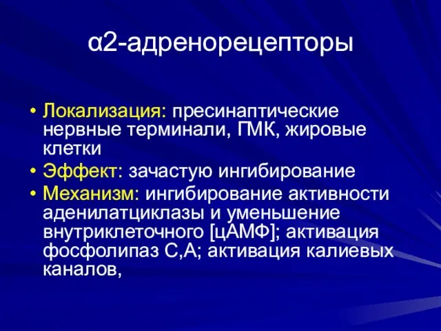 α2-адренорецепторы Локализация: пресинаптические нервные терминали, ГМК, жировые клетки Эффект: зачастую ингибирование Механизм: