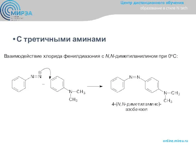 С третичными аминами Взаимодействие хлорида фенилдиазония с N,N-диметиланилином при 0оС: