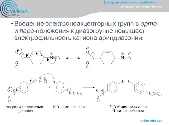 Введение электроноакцепторных групп в орто- и пара-положения к диазогруппе повышает электрофильность катиона арилдиазония: