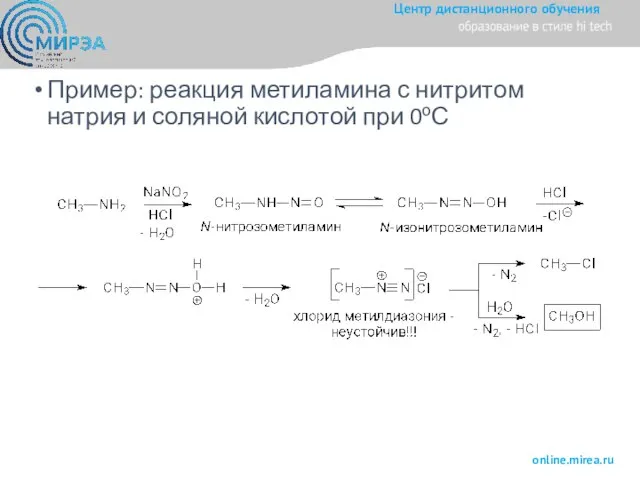 Пример: реакция метиламина с нитритом натрия и соляной кислотой при 0оС