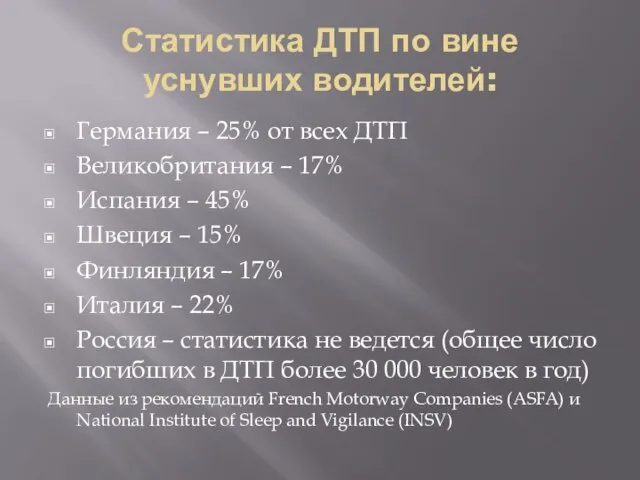 Статистика ДТП по вине уснувших водителей: Германия – 25% от всех ДТП