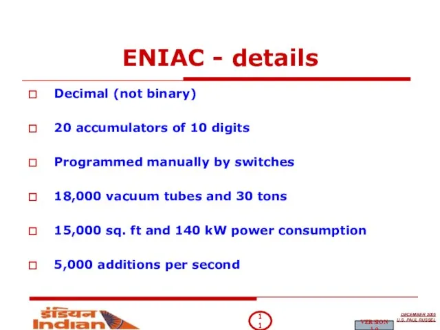 ENIAC - details Decimal (not binary) 20 accumulators of 10 digits Programmed