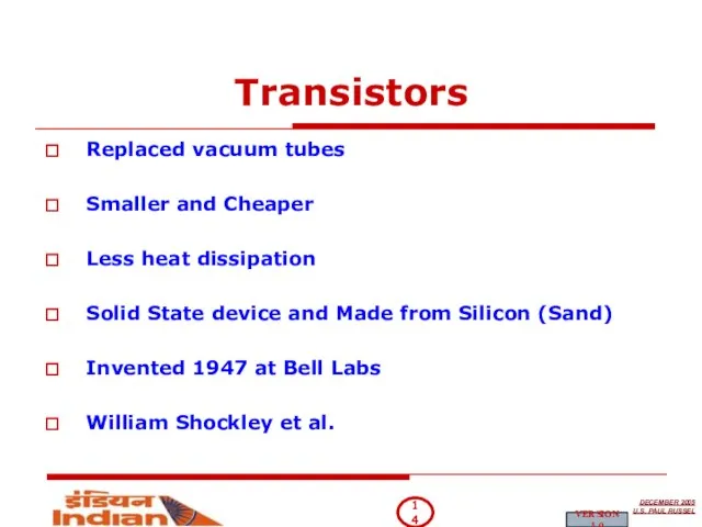 Transistors Replaced vacuum tubes Smaller and Cheaper Less heat dissipation Solid State