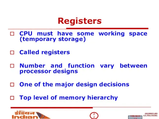 Registers CPU must have some working space (temporary storage) Called registers Number