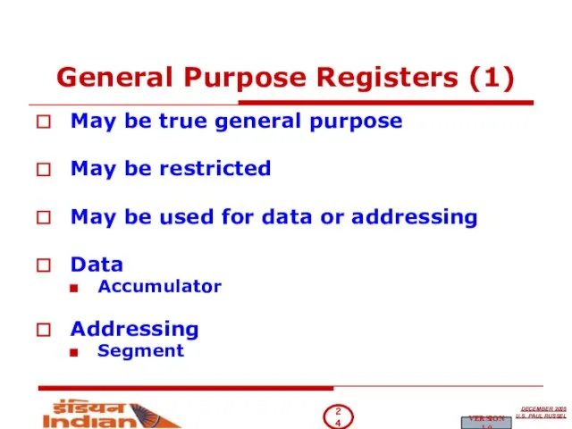 General Purpose Registers (1) May be true general purpose May be restricted