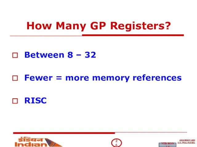 How Many GP Registers? Between 8 – 32 Fewer = more memory references RISC