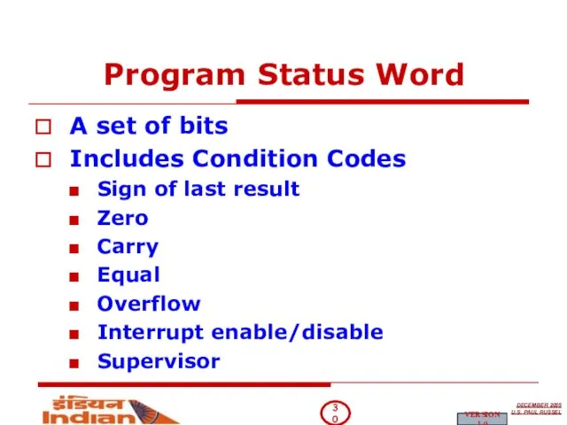 Program Status Word A set of bits Includes Condition Codes Sign of