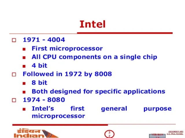 Intel 1971 - 4004 First microprocessor All CPU components on a single