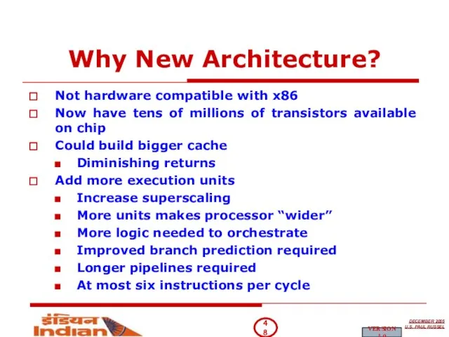 Why New Architecture? Not hardware compatible with x86 Now have tens of