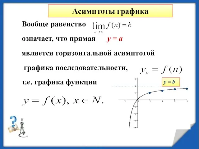 Асимптоты графика Вообще равенство означает, что прямая у = а является горизонтальной