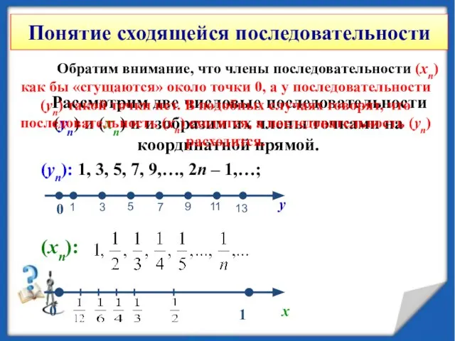 Понятие сходящейся последовательности Рассмотрим две числовые последовательности (уn) и (хn) и изобразим