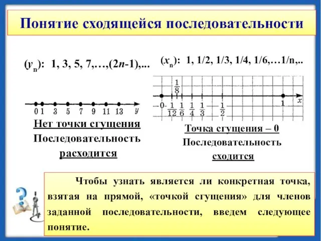 Понятие сходящейся последовательности (уn): 1, 3, 5, 7,…,(2n-1),... Нет точки сгущения Последовательность