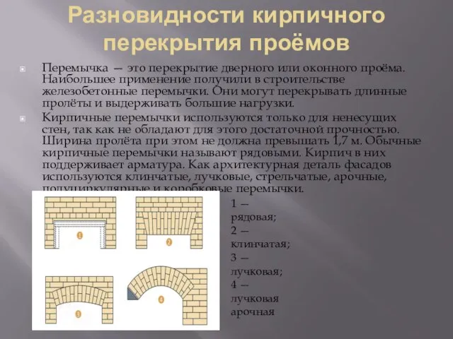 Разновидности кирпичного перекрытия проёмов Перемычка — это перекрытие дверного или оконного проёма.