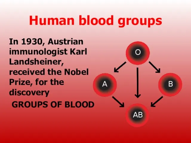 Human blood groups In 1930, Austrian immunologist Karl Landsheiner, received the Nobel