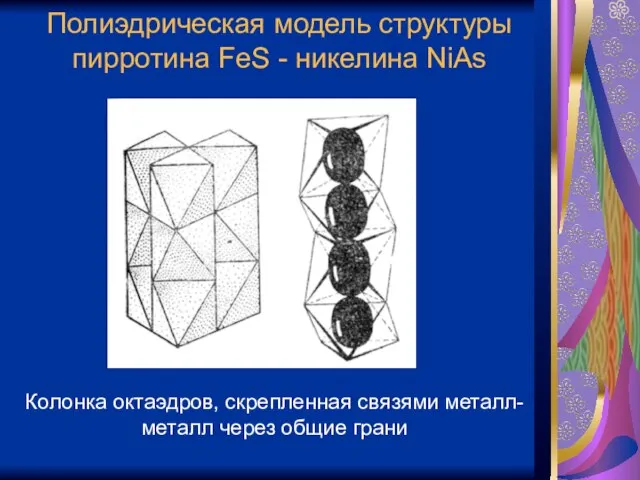 Полиэдрическая модель структуры пирротина FеS - никелина NiAs Колонка октаэдров, скрепленная связями металл-металл через общие грани