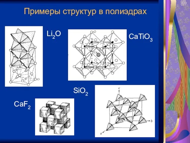 Примеры структур в полиэдрах CaF2 CaTiO3 SiO2 Li2O