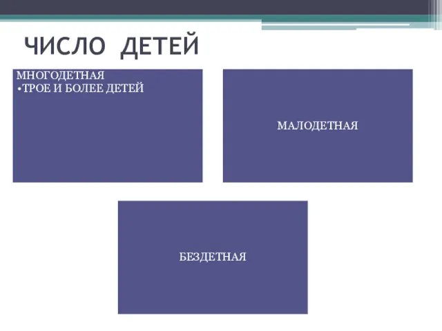 ЧИСЛО ДЕТЕЙ МНОГОДЕТНАЯ ТРОЕ И БОЛЕЕ ДЕТЕЙ МАЛОДЕТНАЯ БЕЗДЕТНАЯ