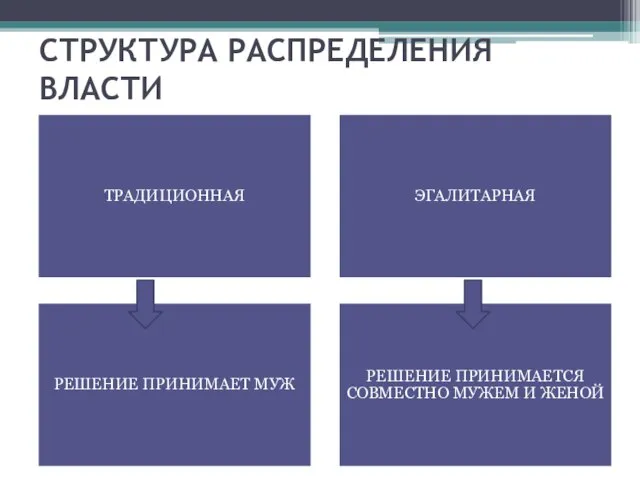 СТРУКТУРА РАСПРЕДЕЛЕНИЯ ВЛАСТИ ТРАДИЦИОННАЯ ЭГАЛИТАРНАЯ РЕШЕНИЕ ПРИНИМАЕТ МУЖ РЕШЕНИЕ ПРИНИМАЕТСЯ СОВМЕСТНО МУЖЕМ И ЖЕНОЙ