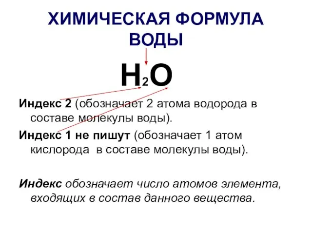 ХИМИЧЕСКАЯ ФОРМУЛА ВОДЫ Н2О Индекс 2 (обозначает 2 атома водорода в составе
