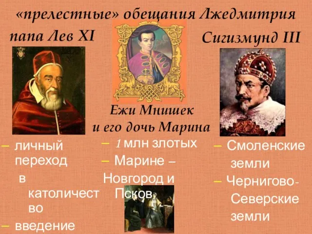 «прелестные» обещания Лжедмитрия Сигизмунд III папа Лев XI Ежи Мнишек и его