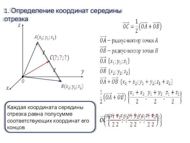 1. Определение координат середины отрезка Каждая координата середины отрезка равна полусумме соответствующих координат его концов