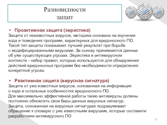 Разновидности защит Проактивная защита (эвристика) Защита от неизвестных вирусов, методика основана на