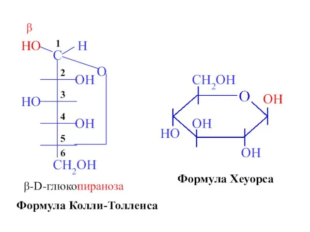 β-D-глюкопираноза OH OH OH HO CH2OH Формула Колли-Толленса Формула Хеуорса