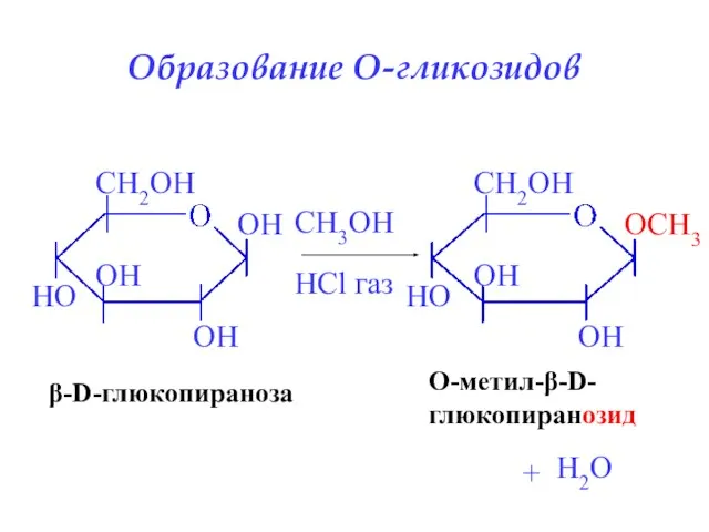 Образование O-гликозидов β-D-глюкопираноза CH3OH HCl газ + O-метил-β-D- глюкопиранозид H2O