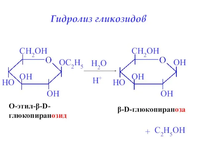 Гидролиз гликозидов β-D-глюкопираноза H2O H+ + O-этил-β-D- глюкопиранозид C2H5OH