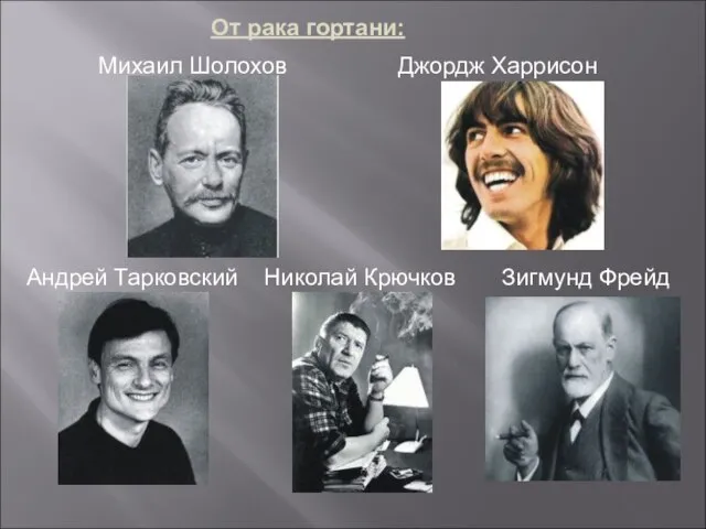 От рака гортани: Михаил Шолохов Джордж Харрисон Андрей Тарковский Николай Крючков Зигмунд Фрейд