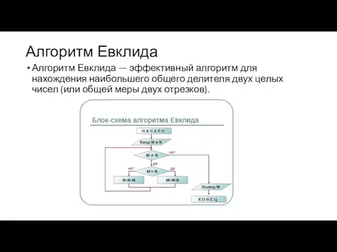 Алгоритм Евклида Алгоритм Евклида — эффективный алгоритм для нахождения наибольшего общего делителя