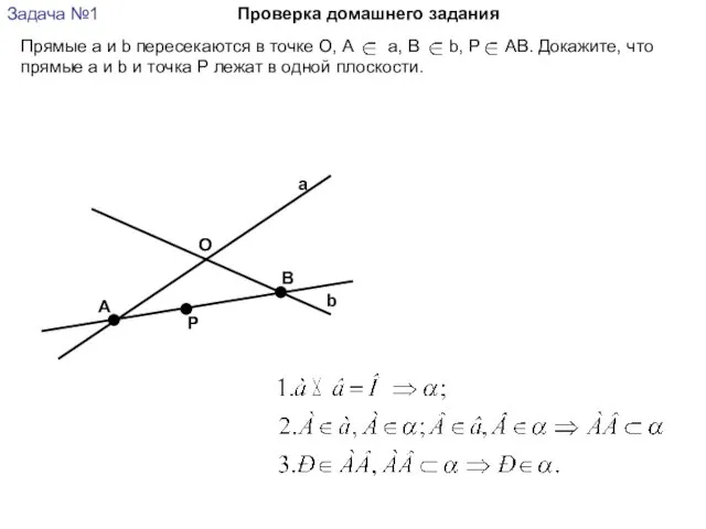 Прямые а и b пересекаются в точке О, А а, В b,