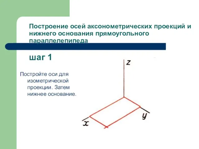 Построение осей аксонометрических проекций и нижнего основания прямоугольного параллелепипеда шаг 1 Постройте