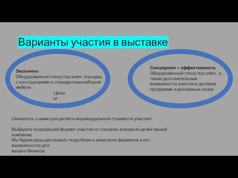 Варианты участия в выставке Свяжитесь с нами для расчёта индивидуальной стоимости участия!