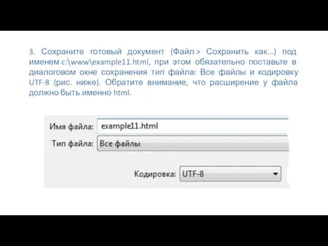 3. Сохраните готовый документ (Файл > Сохранить как...) под именем c:\www\example11.html, при