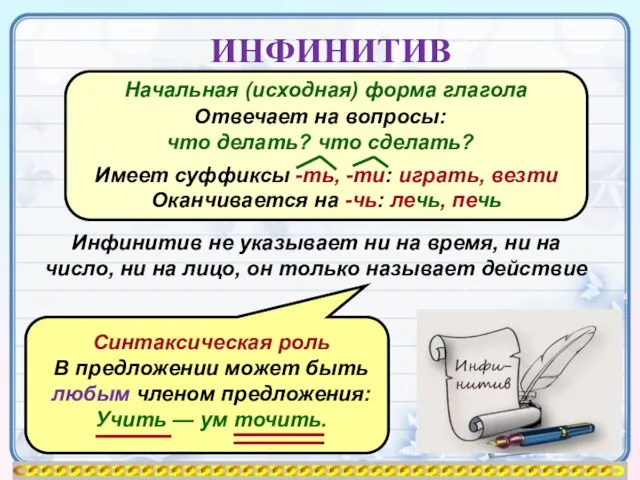 ИНФИНИТИВ Начальная (исходная) форма глагола Отвечает на вопросы: что делать? что сделать?