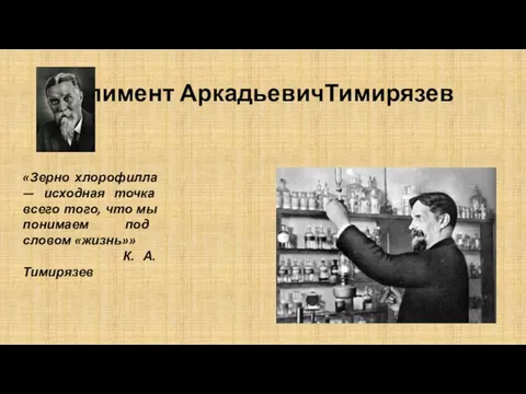 Климент АркадьевичТи­мирязев «Зерно хлорофилла — исходная точка всего того, что мы понимаем