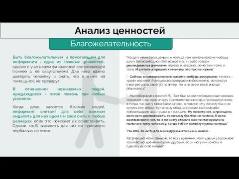 Благожелательность Анализ ценностей Быть благожелательным и помогающим для информанта - одна из