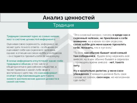 Традиция Анализ ценностей Традиции занимают одно из самых низких мест в системе