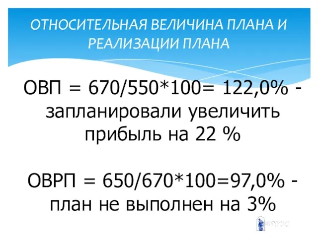 ОТНОСИТЕЛЬНАЯ ВЕЛИЧИНА ПЛАНА И РЕАЛИЗАЦИИ ПЛАНА ОВП = 670/550*100= 122,0% - запланировали