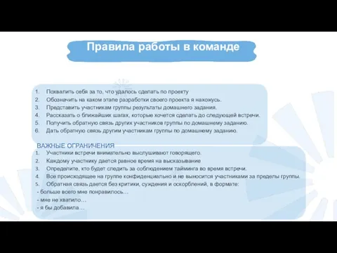 Правила работы в команде Похвалить себя за то, что удалось сделать по