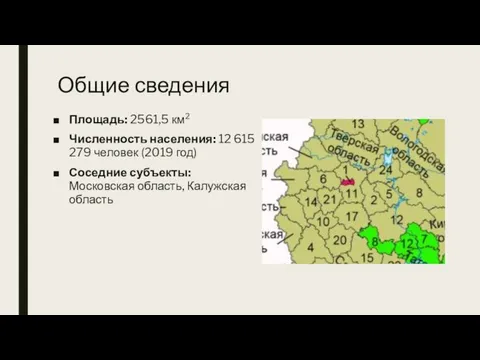 Общие сведения Площадь: 2561,5 км2 Численность населения: 12 615 279 человек (2019