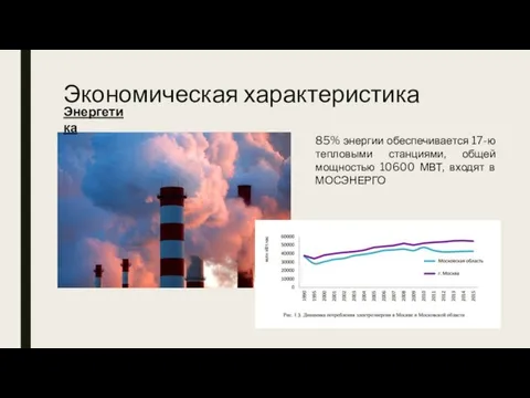 Экономическая характеристика 85% энергии обеспечивается 17-ю тепловыми станциями, общей мощностью 10600 МВТ, входят в МОСЭНЕРГО Энергетика