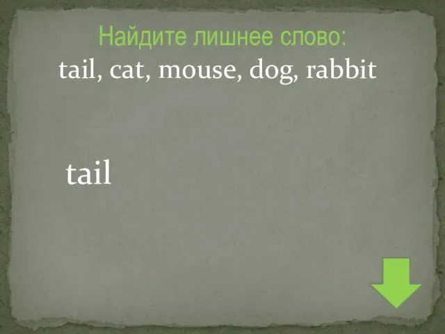 Найдите лишнее слово: tail, cat, mouse, dog, rabbit tail