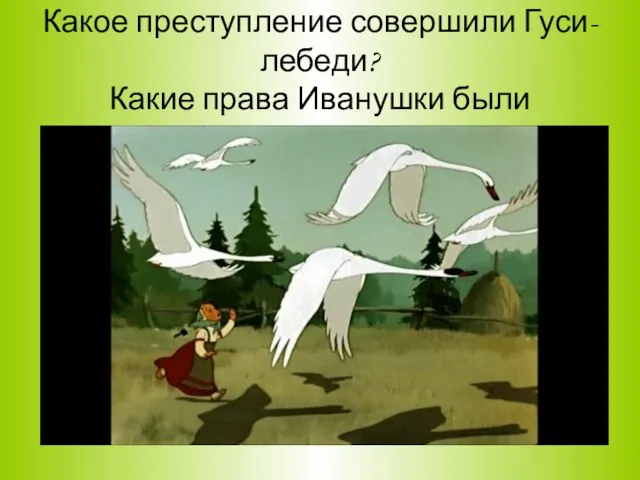 Задача 1. Какое преступление совершили Гуси-лебеди? Какие права Иванушки были нарушены?